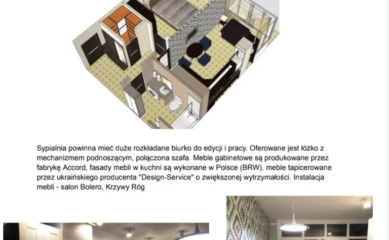 Widok jednopokojowego mieszkania z kuchnią i salonem, nowoczesne meble i przestrzeń mieszkalna.