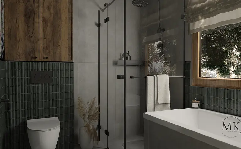 Nowoczesna łazienka w stylu art deco, boho i minimaluxe z drewnem i szarością.