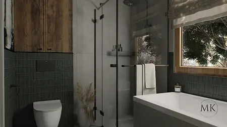 Nowoczesna łazienka w stylu art deco, boho i minimaluxe z drewnem i szarością.