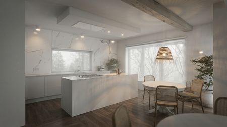 Kuchnia w stylu boho i minimalistycznym z białymi meblami i drewnianą podłogą.