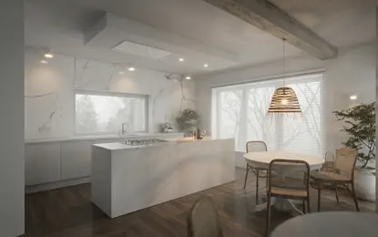 Kuchnia w stylu boho i minimalistycznym z białymi meblami i drewnianą podłogą.