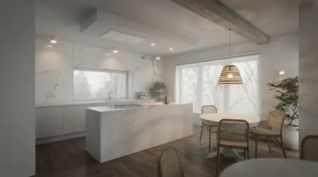 Kuchnia w stylu boho i minimalistycznym z białymi meblami i drewnianą podłogą.