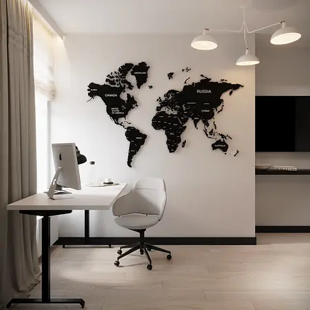 Gabinet w stylu eklektycznym z minimalistycznym biurkiem i mapą świata.