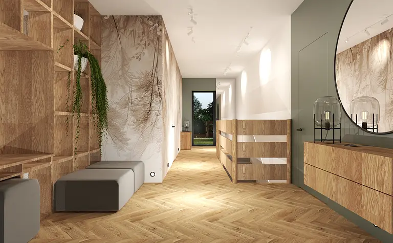 Współczesny przedpokój z drewnianymi meblami, roślinami i dużym lustrem.