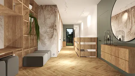 Współczesny przedpokój z drewnianymi meblami, roślinami i dużym lustrem.