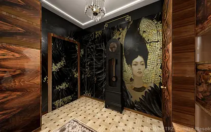 Przedpokój w stylu art deco z drewnianymi elementami i dekoracyjnymi ścianami.