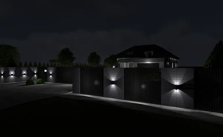 Nowoczesna fasada domu z industrialnym ogrodzeniem i oświetleniem, styl japandi.