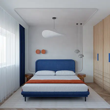 Sypialnia w stylu dopamine decor i eklektycznym z niebieskim łóżkiem