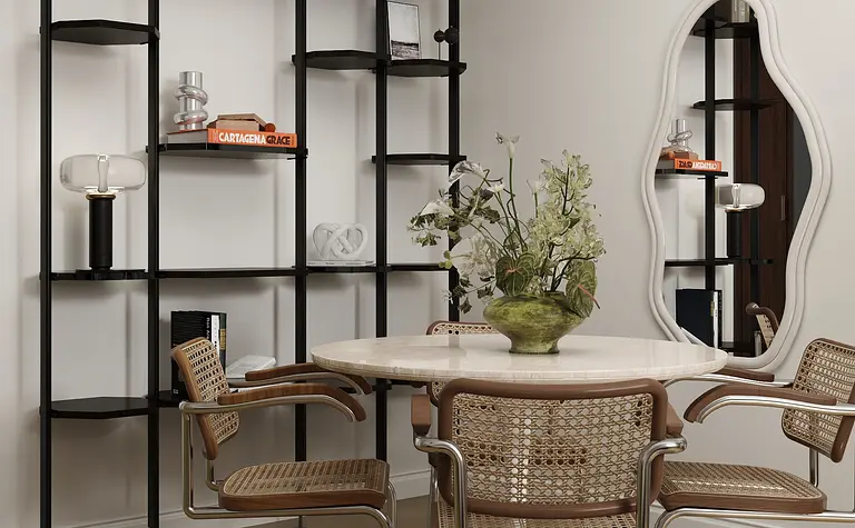 Wnętrze jadalni z okrągłym stołem, krzesłami i regałem w stylu vintage i współczesnym.