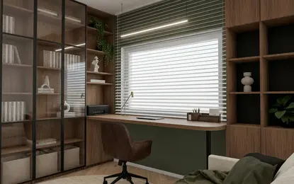 Wnętrze gabinetu z drewnianym biurkiem, półkami i roślinami, styl boho i nowoczesny.