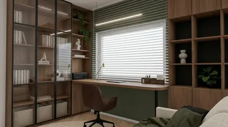 Wnętrze gabinetu z drewnianym biurkiem, półkami i roślinami, styl boho i nowoczesny.