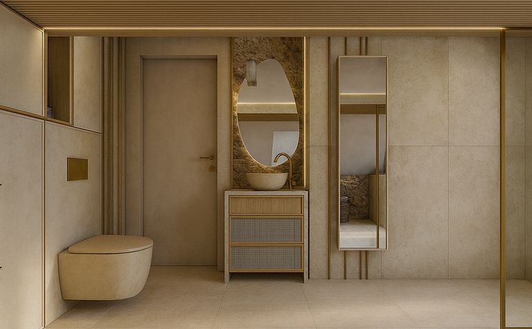 Elegancka łazienka z minimalistycznym designem, złote akcenty, glamour, rustykalny.