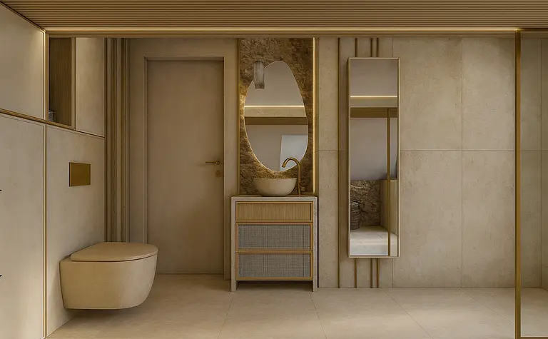 Elegancka łazienka z minimalistycznym designem, złote akcenty, glamour, rustykalny.