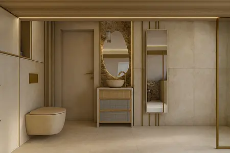 Elegancka łazienka z minimalistycznym designem, złote akcenty, glamour, rustykalny.