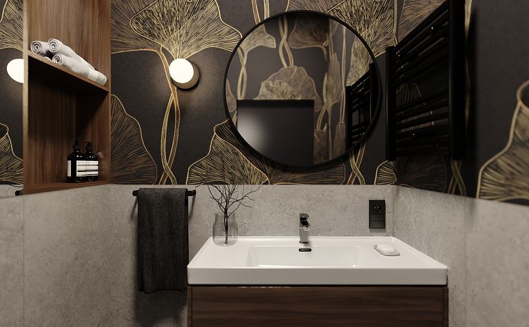 Nowoczesna łazienka z glamour, minimalistycznym i quiet luxury stylem, z okrągłym lustrem.