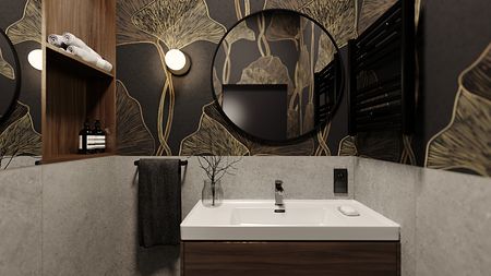 Nowoczesna łazienka z glamour, minimalistycznym i quiet luxury stylem, z okrągłym lustrem.