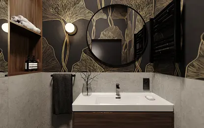 Nowoczesna łazienka z glamour, minimalistycznym i quiet luxury stylem, z okrągłym lustrem.