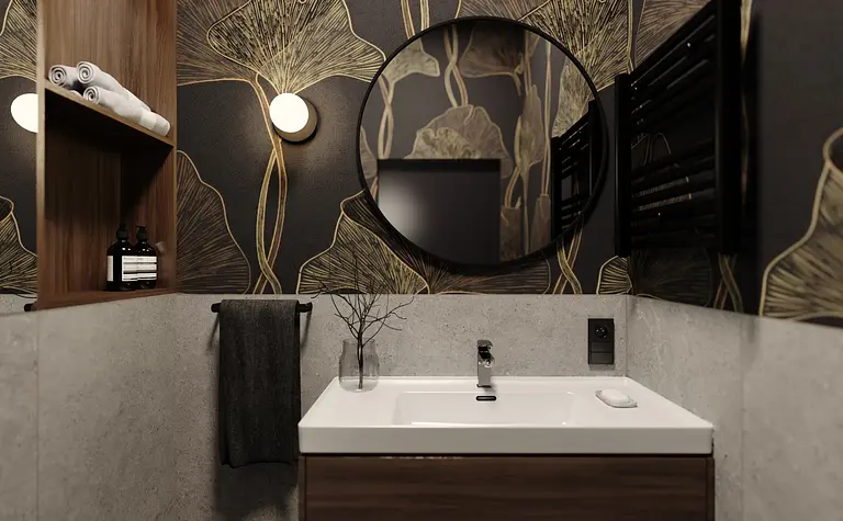 Nowoczesna łazienka z glamour, minimalistycznym i quiet luxury stylem, z okrągłym lustrem.