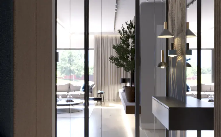 Nowoczesny przedpokój z drewnianymi ścianami i dużymi lustrami.