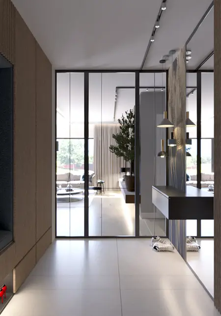 Nowoczesny przedpokój z drewnianymi ścianami i dużymi lustrami.