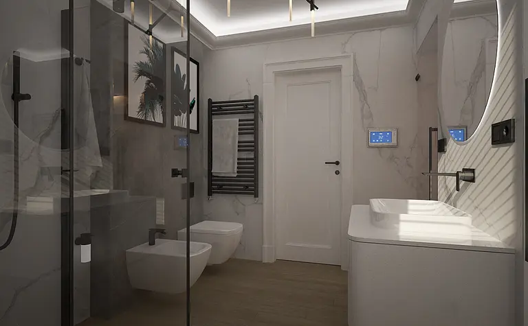 Nowoczesna łazienka z prysznicem, ceramiką i oświetleniem quiet luxury.