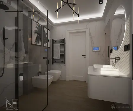 Nowoczesna łazienka z prysznicem, ceramiką i oświetleniem quiet luxury.