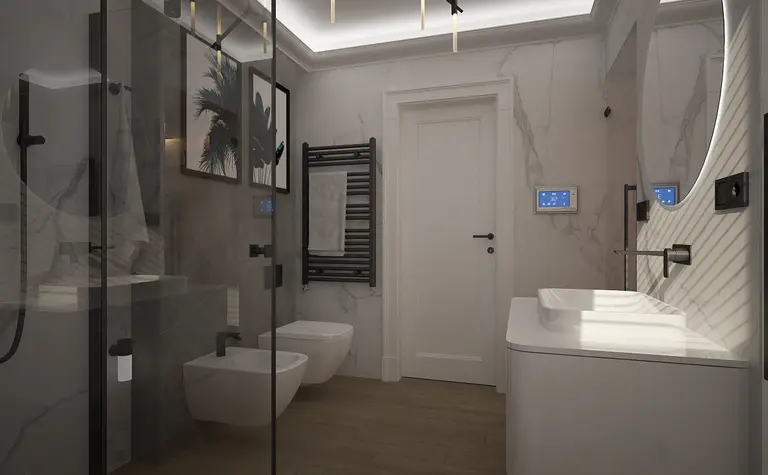 Nowoczesna łazienka z prysznicem, ceramiką i oświetleniem quiet luxury.