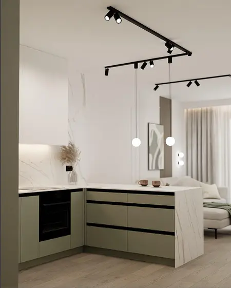 Nowoczesna kuchnia z zielonymi meblami i białymi detalami