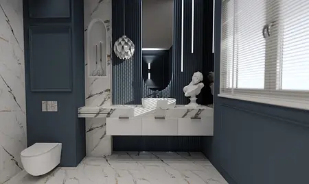 Nowoczesna łazienka w stylu art deco z białymi i ciemnoniebieskimi elementami.