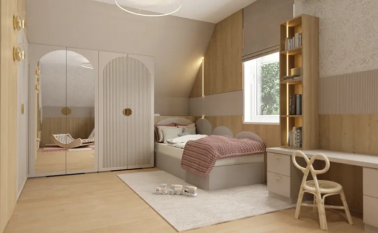 Wnętrze pokoju z łóżkiem, biblioteczką i stylami boho, japandi, dopamine decor, współczesnym.