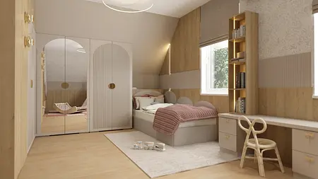 Wnętrze pokoju z łóżkiem, biblioteczką i stylami boho, japandi, dopamine decor, współczesnym.