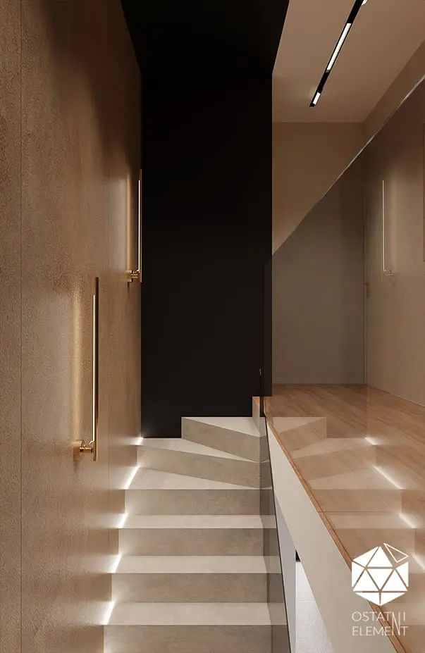 Minimalistyczny korytarz z oświetleniem i drewnianymi detalami, soft minimalizm.