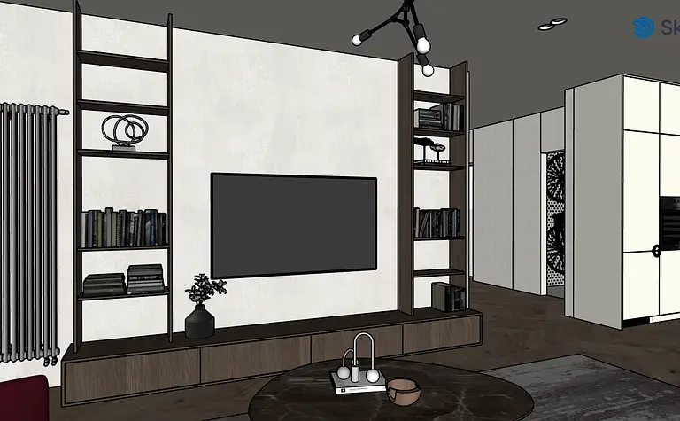 Wnętrze salonu w stylu minimalistycznym z drewnianymi akcentami i telewizorem.