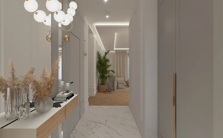 Przedpokój z białymi ścianami, drewnianą podłogą i rośliną w doniczce, styl dopamine decor