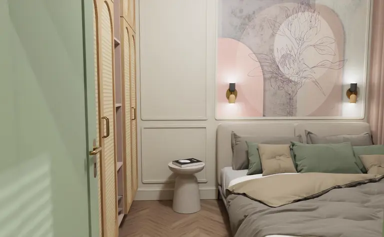 Sypialnia z nowoczesnym i vintage designem, z zielonymi akcentami i drewnianymi meblami.