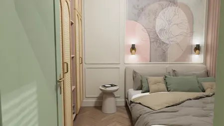 Sypialnia z nowoczesnym i vintage designem, z zielonymi akcentami i drewnianymi meblami.