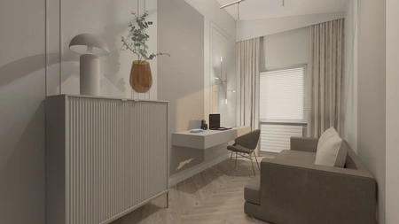 Gabinet w stylu glamour z szarymi meblami i roślinami