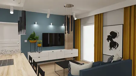 Wnętrze nowoczesnego salonu z niebieskimi ścianami, żółtymi zasłonami i eleganckimi meblami.