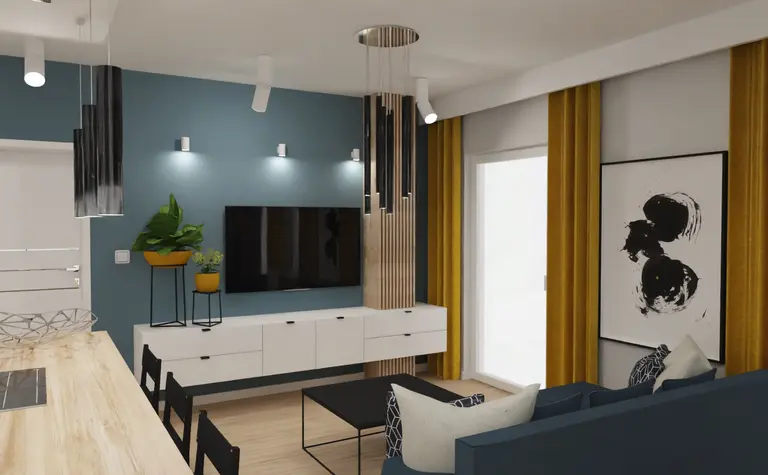 Wnętrze nowoczesnego salonu z niebieskimi ścianami, żółtymi zasłonami i eleganckimi meblami.