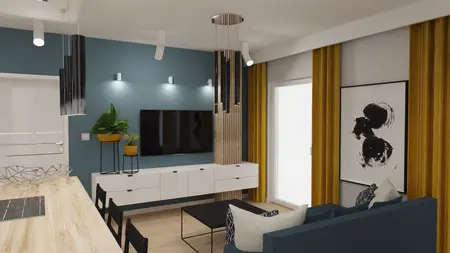 Wnętrze nowoczesnego salonu z niebieskimi ścianami, żółtymi zasłonami i eleganckimi meblami.
