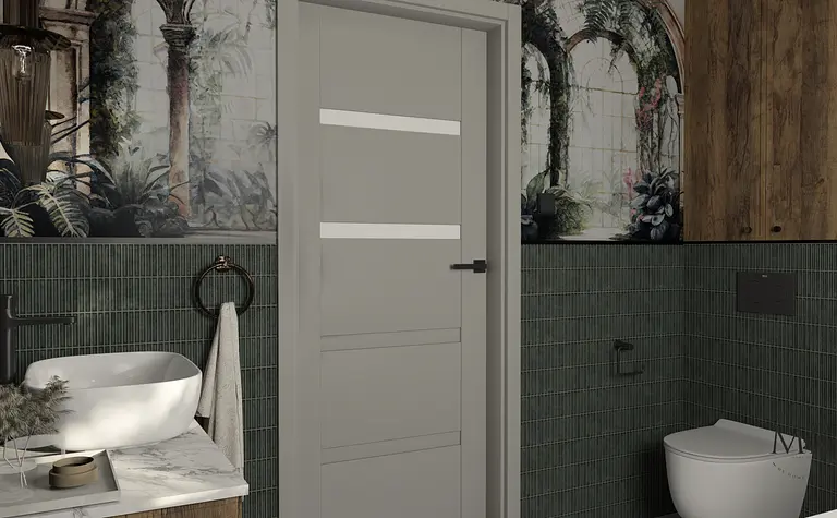 Wnętrze łazienki w stylu art deco, boho i minimaluxe z zielonymi płytkami i drewnianymi akcentami.