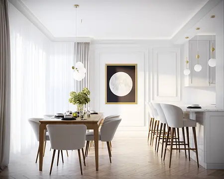 Wnętrze jadalni z białymi krzesłami i drewnianym stołem, styl quiet luxury, współczesny.