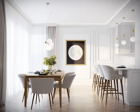 Wnętrze jadalni z białymi krzesłami i drewnianym stołem, styl quiet luxury, współczesny.