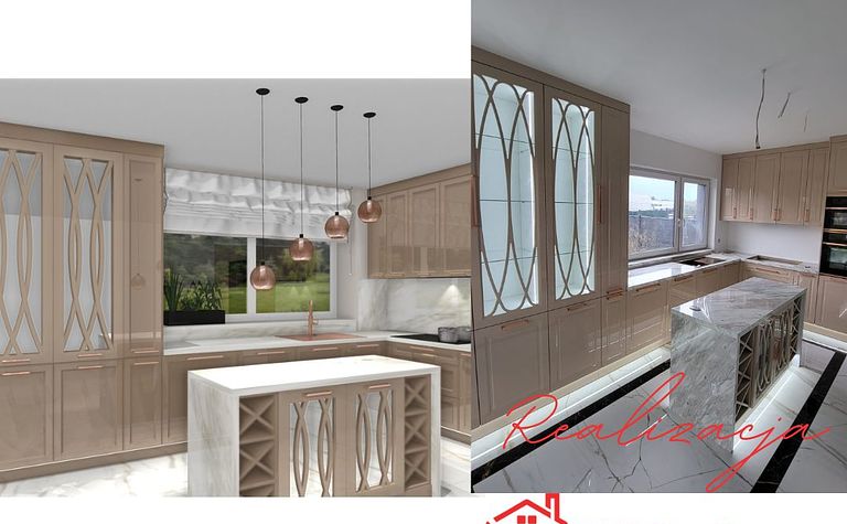 Kuchnia w stylu art deco i glamour z jasnymi meblami i marmurowym blatem.