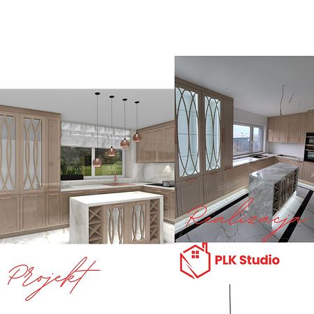 Kuchnia w stylu art deco i glamour z jasnymi meblami i marmurowym blatem.