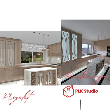 Kuchnia w stylu art deco i glamour z jasnymi meblami i marmurowym blatem.