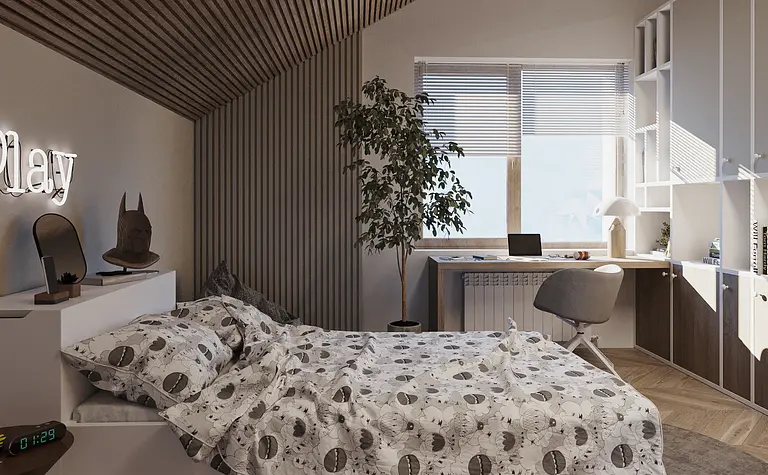 Wnętrze sypialni z białym łóżkiem, drewnianą ścianą i biurkiem.