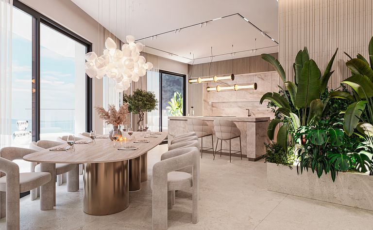 Nowoczesna jadalnia z minimalistycznym stołem, roślinnością i dużymi oknami. Quiet luxury.