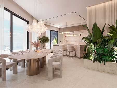 Nowoczesna jadalnia z minimalistycznym stołem, roślinnością i dużymi oknami. Quiet luxury.