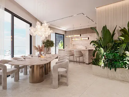 Nowoczesna jadalnia z minimalistycznym stołem, roślinnością i dużymi oknami. Quiet luxury.